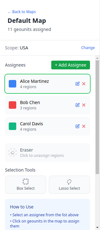 Sidebar showing sales reps with color indicators and region counts