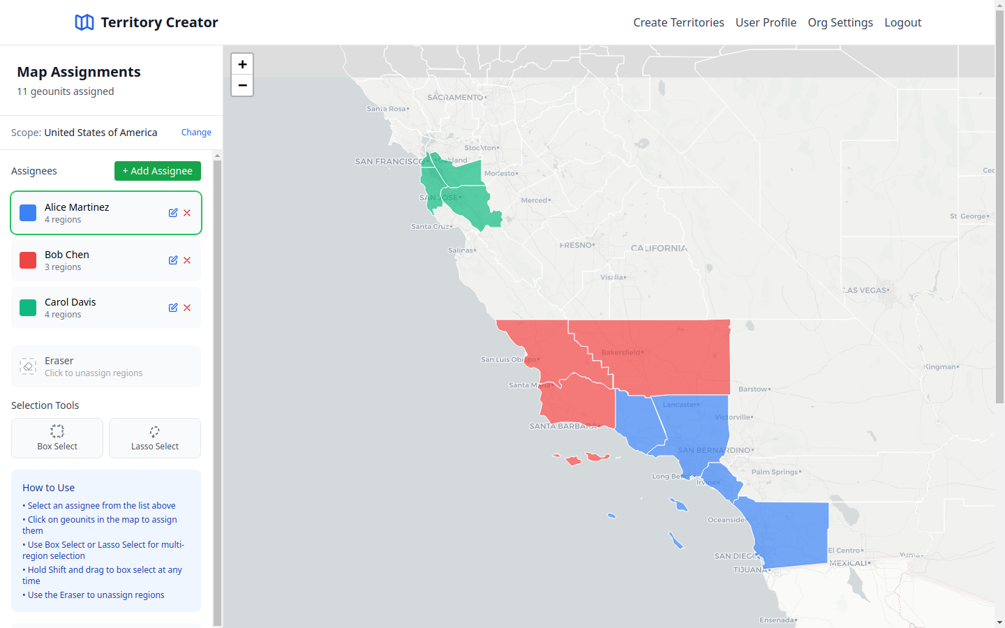 Territory Creator map builder showing color-coded territory assignments on an interactive map