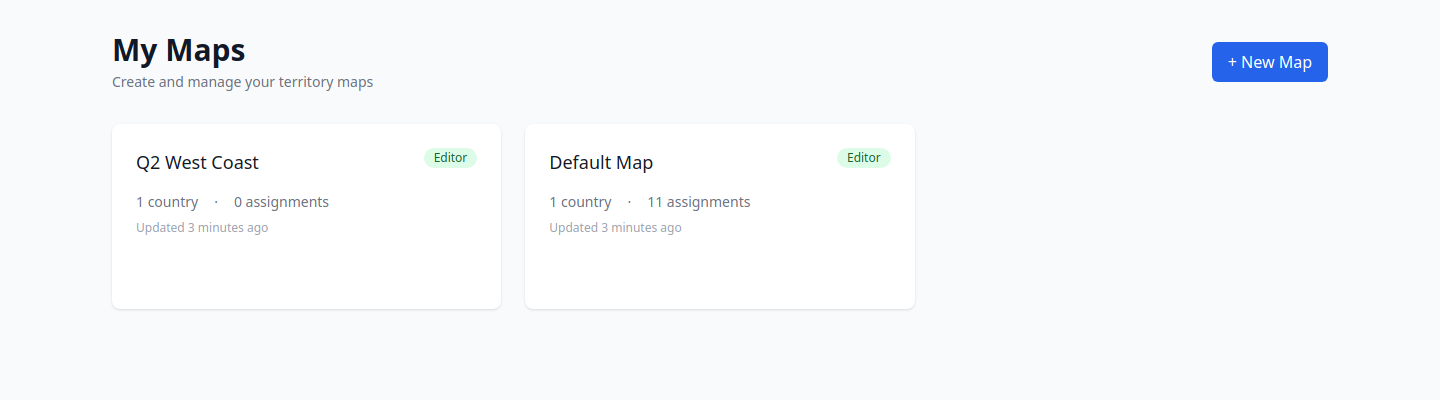 My Maps dashboard showing multiple territory maps with assignment counts